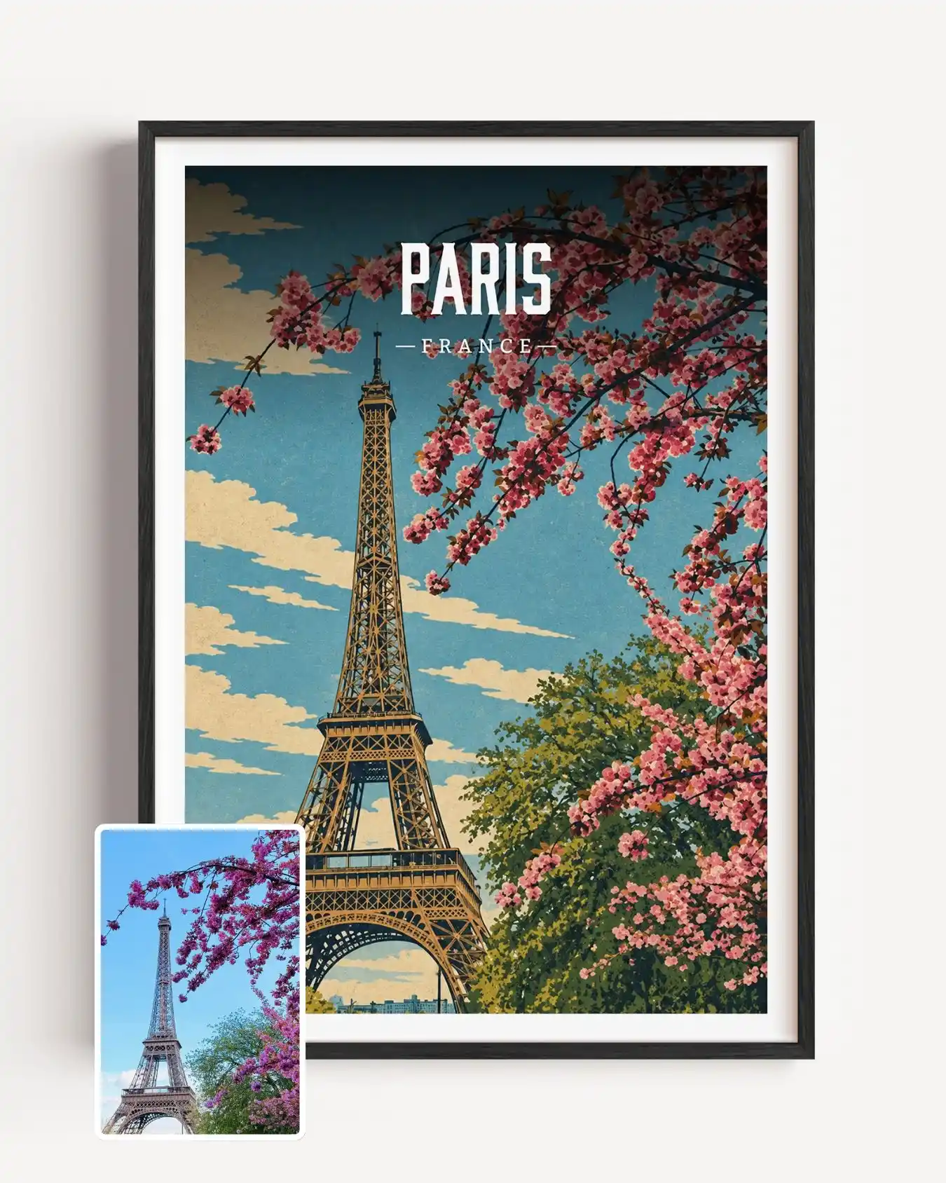 Vintage style Paris poster, next to the original photo